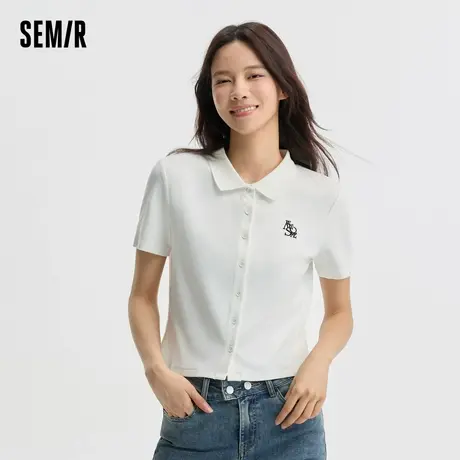 森马POLO衫女短款刺绣上衣小个子2024新款夏字母修身开衫百搭简XY图片