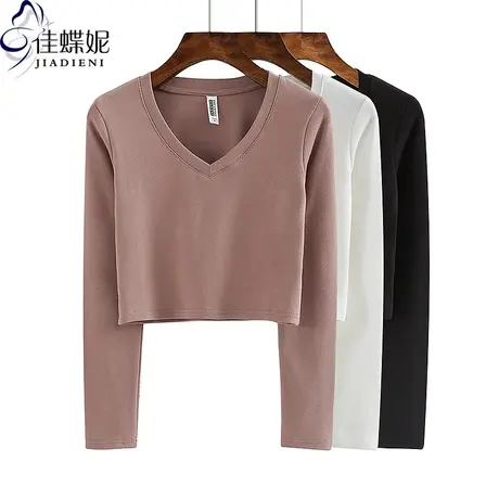 秋季新款V领修身短款高腰纯欲性感纯棉纯色长袖体恤上衣女打底衫商品大图