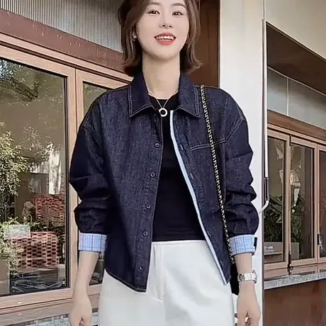 复古长袖水洗牛仔衬衫女2025秋季新款小个子拼接撞色翻领休闲外套商品大图