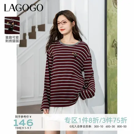 LAGOGO复古条纹长袖T恤女拉谷谷2025年秋季新款可爱小猫miu系上衣图片