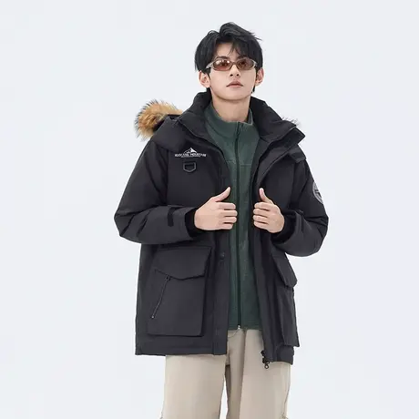 雅鹿真毛领羽绒服男中长款2025秋冬情侣派克服保暖外套厚商品大图