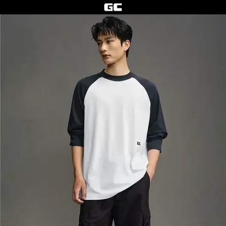 GC2025男装秋冬新款纯棉刺绣撞色插肩宽松圆领长袖T恤男12025003商品大图