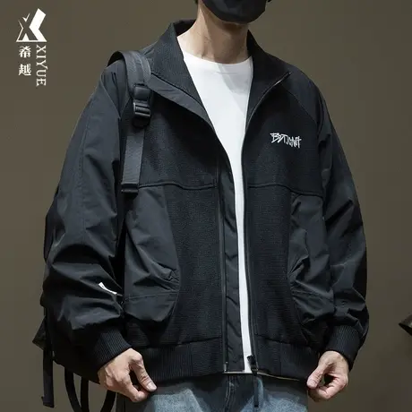 美式工装风夹克男士秋季新款宽松大码设计感拼接立领衬衣外套男装商品大图