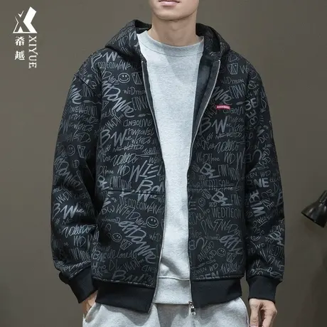 麂皮绒重磅卫衣男秋季胖子宽松大码加肥加大满印开衫连帽加绒外套商品大图