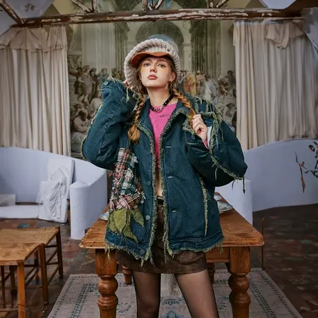 毛边设计感拼接棉服女冬季加厚牛仔外套2023新款潮牌复古宽松棉衣商品大图