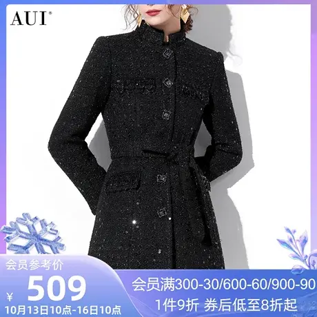 AUI黑色气质高端毛呢外套女冬2023新款名媛小香风长袖厚呢子大衣图片