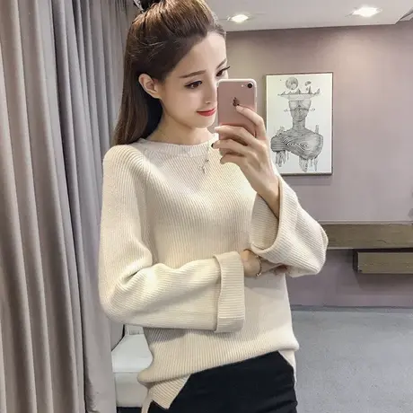 清仓！秋冬新款韩版宽松喇叭袖针织衫女短款套头毛衣长袖打底上衣商品大图