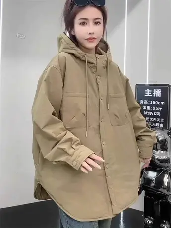大码轻薄工装连帽棉服外套女2023秋冬新款宽松时尚百搭棉衣上衣潮图片