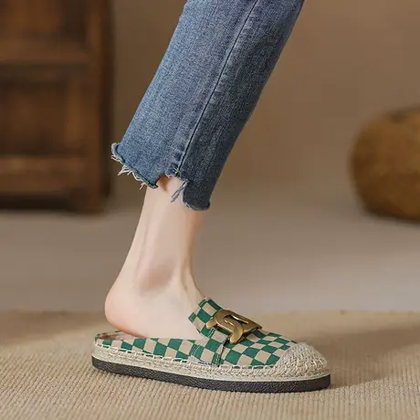 包头半拖鞋女舒适2023年夏季新款帆布凉拖棋盘格外穿小香风渔夫鞋商品大图