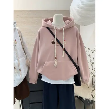 加绒加厚连帽卫衣女秋冬季2023新款宽松韩版百搭慵懒风上衣外套潮商品大图