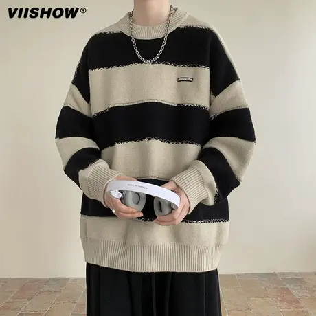 VIISHOW毛衣男秋冬季针织衫外套男生情侣青少年慵懒宽松条纹打底商品大图