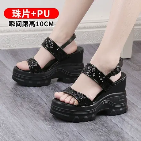 厚底坡跟凉鞋女夏季2023新款亮片运动防水台沙滩鞋罗马高跟鞋10CM商品大图