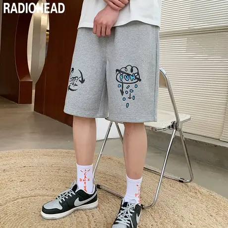 Radiohead夏季五分裤男灰色运动短裤宽松透气棉设计感小众潮牌裤商品大图