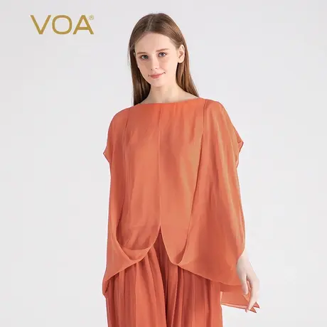 VOA铁锈红双层乔其桑蚕丝圆领无袖立体活页荡量设计个性真丝T恤衫图片