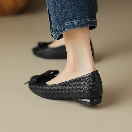 真皮平底鞋女2023新款单鞋圆头低跟浅口女鞋牛皮一脚蹬蝴蝶结鞋子商品大图