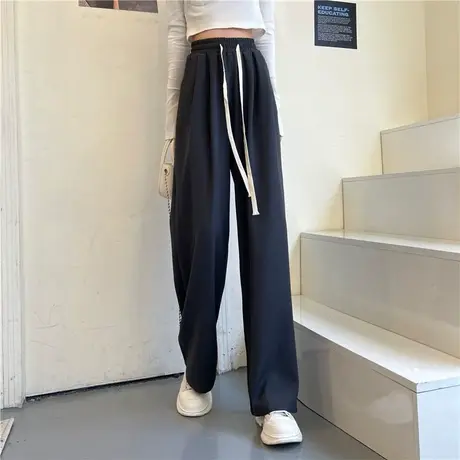 灰色冰丝阔腿裤女夏季薄款高腰垂感休闲裤宽松显瘦百搭直筒拖地裤商品大图