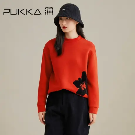蒲PUKKA 圆领宽松红色卫衣无帽长袖打底衫女秋冬款新品图片