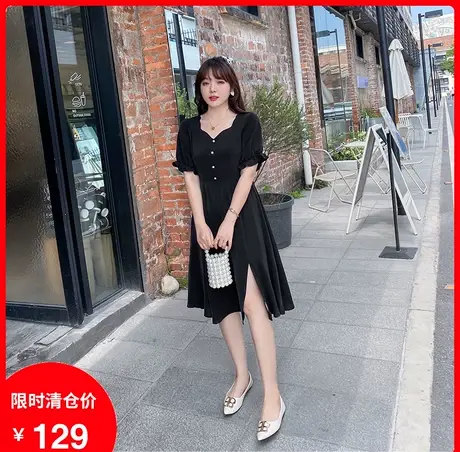 【清仓】新款法式中长款桔梗开衩黑色显瘦遮腹大码胖MM连衣裙气质图片