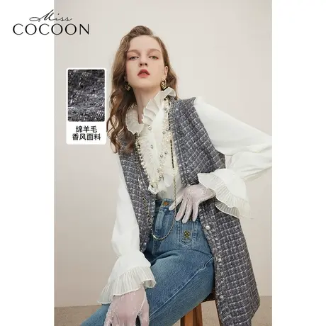 MISSCOCOON老钱风小香风2023冬装新款女V领无袖金属扣短外套商品大图