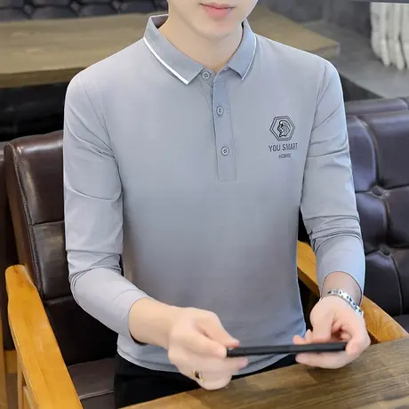 新款秋季长袖T恤男士Polo衫修身潮流青年纯棉休闲打底衫纯色上衣商品大图