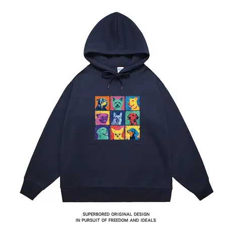 秋冬美式复古休闲波普风小狗狗印花卫衣男青少年宽松套头上衣帽衫商品大图