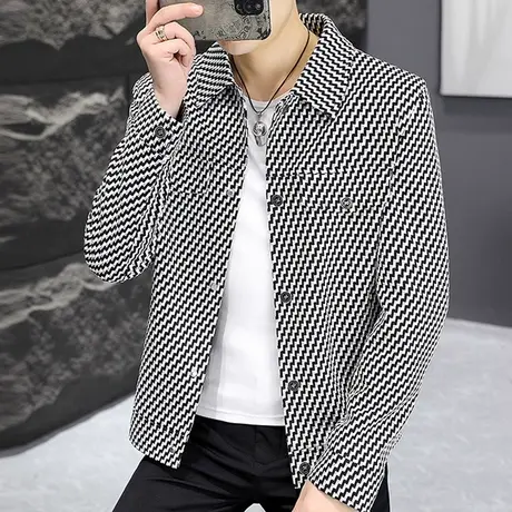春秋季潮牌翻领夹克男士潮流韩版帅气小香风男装个性时尚菱格外套图片