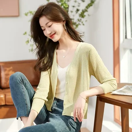 时尚针织冰丝长袖开衫2023年夏季新款淑女温柔显瘦通勤百搭外套商品大图