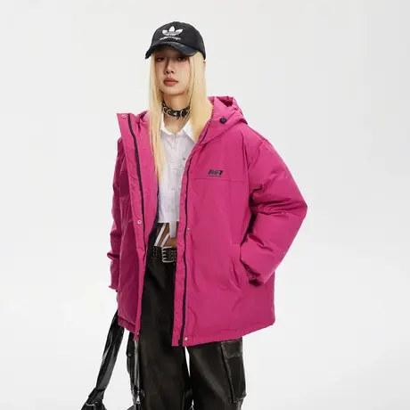 玫红色连帽保暖棉服女冬季加厚外套2023年新款复古宽松面包服棉衣商品大图