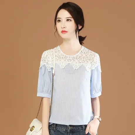 韩潮袭人高级感蕾丝拼接条纹衬衫女夏新款气质休闲短袖衬衣设计感图片