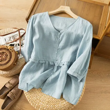 享永子七分袖苎麻衬衫娃娃衫文艺复古宽松显瘦上衣女2024春夏新款商品大图