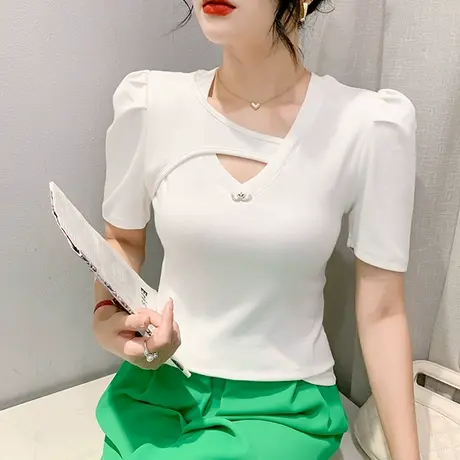 欧货泡泡袖上衣女2024夏装新款性感镂空V领短袖T恤修身洋气小衫潮图片
