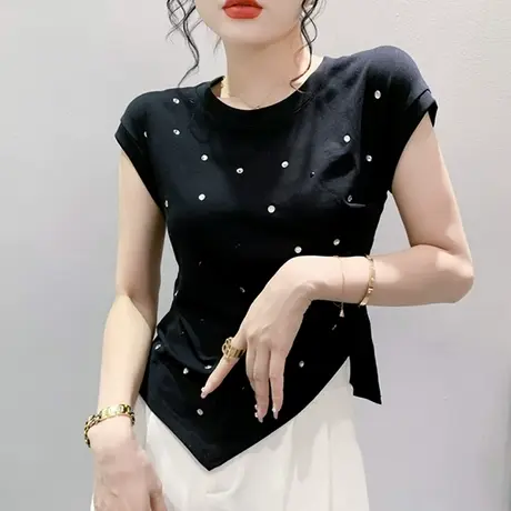 设计感开叉T恤女短袖2024夏新款洋气别致烫钻小衫收腰不规则上衣商品大图