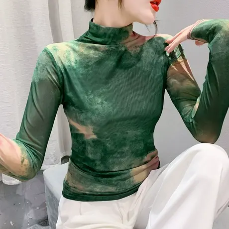气质减龄扎染印花T恤女长袖性感网纱半高领上衣洋气透气收腰小衫商品大图