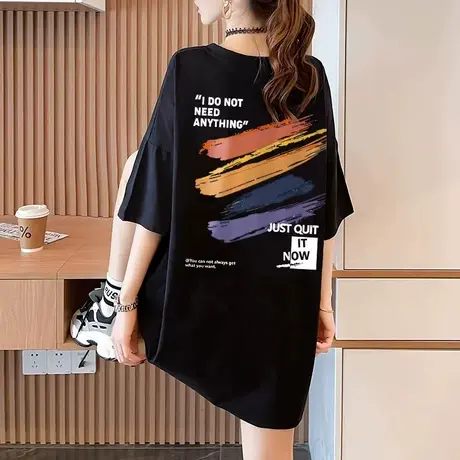 纯棉短袖t恤女2024新款夏季欧货大版宽松中长款遮屁股上衣服潮牌图片