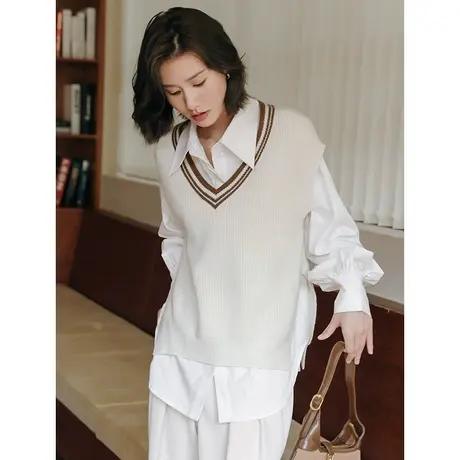 弥古v领学院风针织马甲慵懒风毛衣背心女春秋开叉小坎肩马夹上衣商品大图