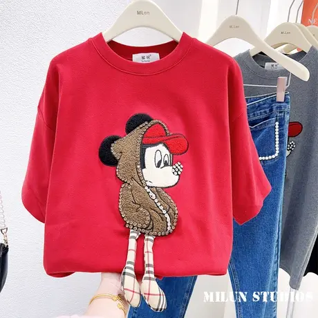 2023早春新年上衣韩国东大门水钻钉珠时髦磨毛加厚T恤欧货大码商品大图