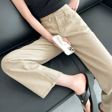 不规则腰头窄版阔腿牛仔裤女春秋九分小个子高腰显瘦休闲直筒长裤商品大图