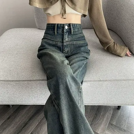 水泥灰牛仔裤女直筒高腰2023年显瘦加绒窄版复古美式阔腿裤子秋季商品大图