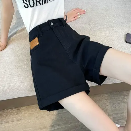 黑色牛仔短裤女2023年夏季薄款高腰a字宽松显瘦卷边百搭阔腿中裤商品大图