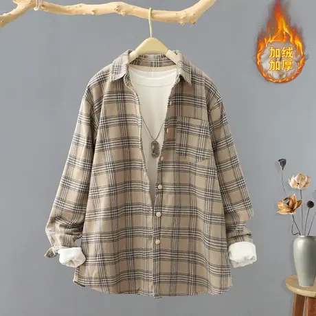 文艺范保暖衬衣港风加绒加厚格子外套复古长袖衬衫女秋冬新款女装图片