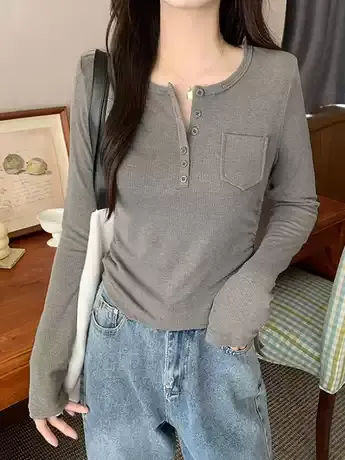 螺纹长袖T恤女2024秋冬新款抽绳上衣设计感半开领修身内搭打底衫商品大图