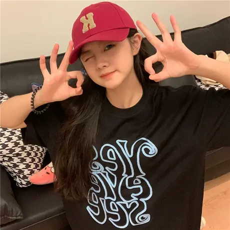 红续韩版休闲纯棉宽松短袖T恤女2023新款小个子简约黑色上衣ins潮商品大图