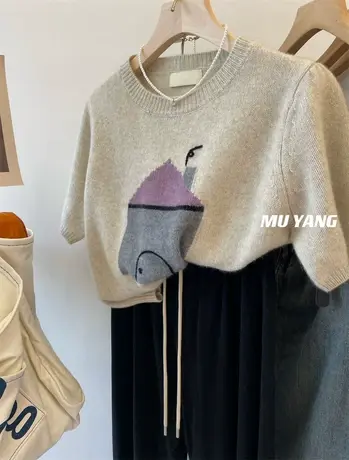 可爱nice 韩国好质感软糯卡通房子短袖毛衣秋冬装百搭洋气上衣女商品大图