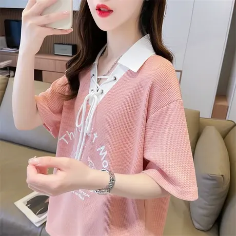 小众设计感短袖t恤女夏季韩版宽松大码小个子撞色翻领假两件上衣商品大图