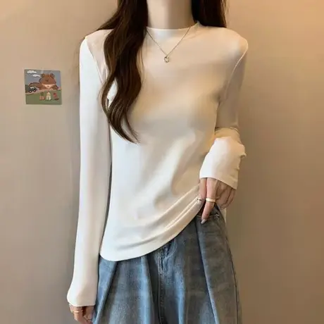 加绒保暖长袖T恤女2023秋冬季新款修身显瘦内搭打底衫 纯色上衣潮商品大图