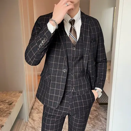 男士西服套装三件套韩版修身帅气休闲商务格子西装男结婚新郎礼服图片