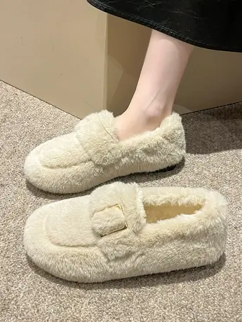 毛毛鞋女外穿平底加绒棉鞋2023新款秋冬季一脚蹬豆豆鞋软底奶奶鞋商品大图