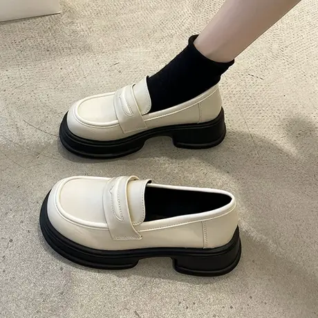 英伦风小皮鞋女春2024新款黑色厚底乐福鞋日系百搭一脚蹬粗跟单鞋商品大图