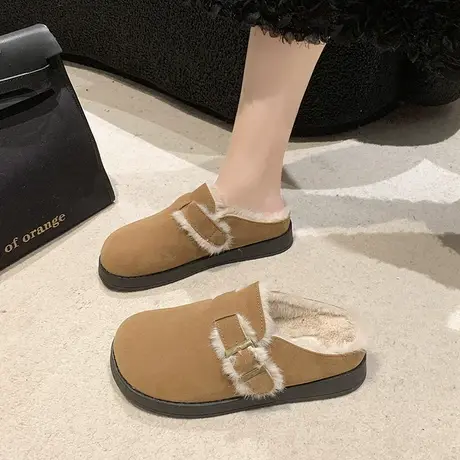 勃肯鞋女外穿2024年秋冬季新款复古法式加绒棉拖平底超软包头半拖商品大图