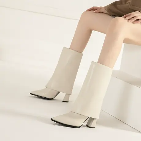高筒裤管靴小众尖头粗跟高筒靴2022年新款漆皮不过膝长靴女骑士靴图片